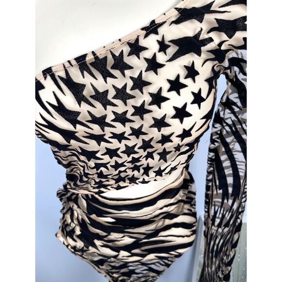 Mugler Star Print One Shoulder Mesh Black and Nude Bodysuit Size L - Picture 7 of 13
